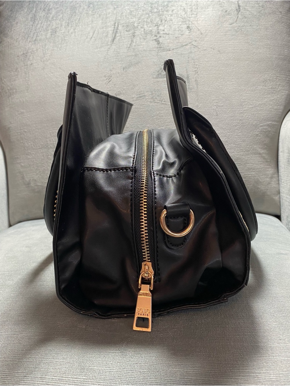 BCBG Paris Black Satchel with Gold Stud Accents, dual handles, EUC - Picture 16 of 17